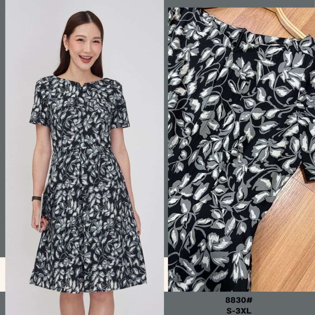 Laboratory 8830# เดรสผ้าพิมพ์ลายอัดย่น กระโปรงบานทรงA มีไซส์ S-3XL รูปที่ 4