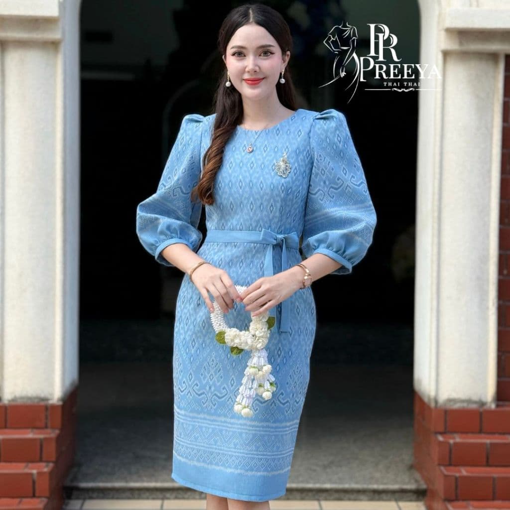 PR159 เดรสผ้าฝ้ายทอลาย ยกแขน อัดกาวทั้งชุด แบรนด์ preeya มีไซส์S-2XL ชุดไทย ชุดผ้าไทย รูปที่ 6