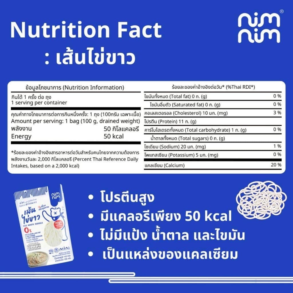 เส้นไข่ขาว ตรา นิ่มนิ่ม โปรตีนสูง 12 กรัม ไร้แป้ง ไร้ไขมัน รูปที่ 2