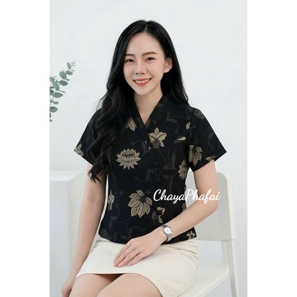 เสื้อผ้าฝ้ายอัดกาวป้ายข้างแขนสั้น ลายดอกรักราชกัญญา รูปที่ 4