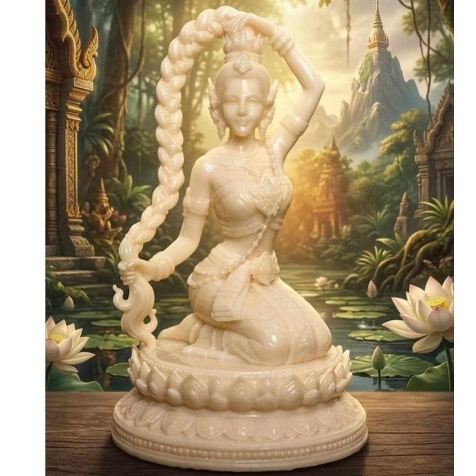 เทวรูปพระแม่ธรณีบีบมวยผมทรงเครื่องแบบชุดไทย พุทธะศิลป์ที่มีเอกลักษณ์รายระเอียดสวย ความหมายดีคือเหนือมารและเอาชนะอุปสรรค รูปที่ 3