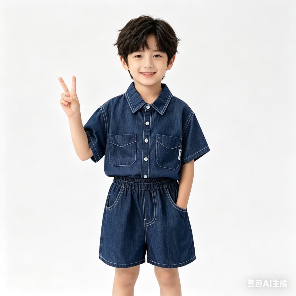 MC248 เซ็ตยีนส์เด็กผู้ชาย 2 ชิ้น เสื้อเชิ้ตคอปก กางเกงขาสั้น หล่อเท่สไตล์เกาหลี รูปที่ 5