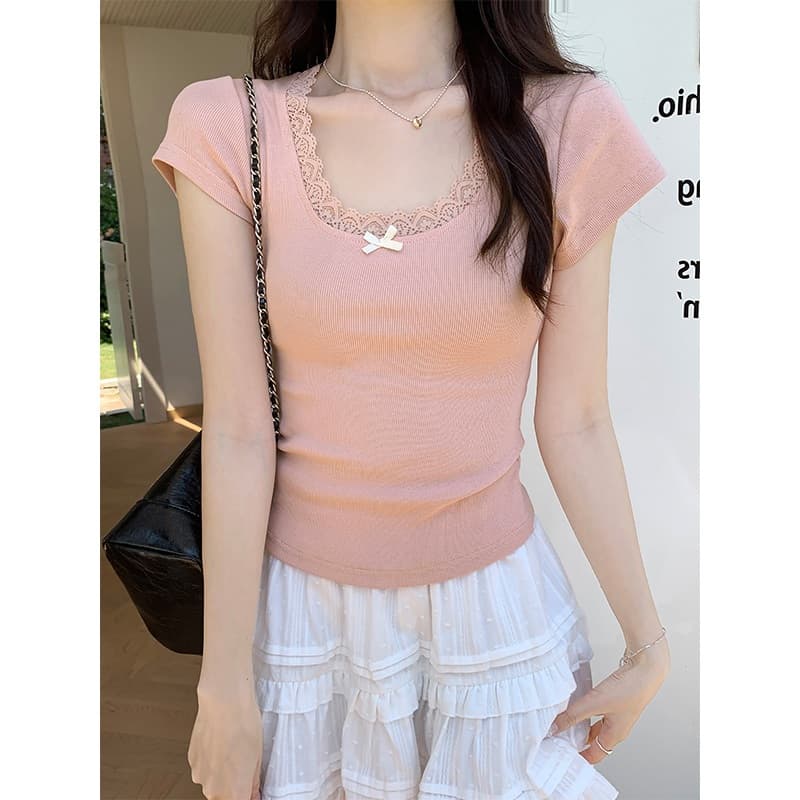 Hotgirl จากกทม เสื้อยืดแขนสั้นคอกลมลายลูกไม้สีขาวสำหรับผู้หญิง Y2Kเสื้อครอปทรงเข้ารูป รูปที่ 5