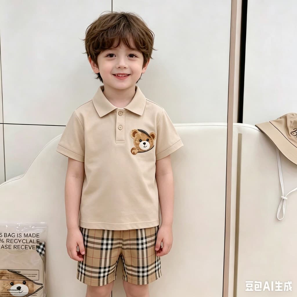 BB259 ชุดเซ็ตเด็ก ลายหมี Polo + กางเกงขาสั้นลายสก็อต ใส่เที่ยว/ออกงาน รูปที่ 3
