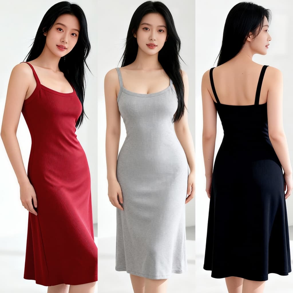 แฟชั่นสีพื้นผ้านิ่มใส่สบาย มีบราในตัวเรียบๆ ชุดนอนสายเดี่ยวกระโปรงยาวผู้หญิง ฤดูร้อนลำลองใส่สบาย รูปที่ 2