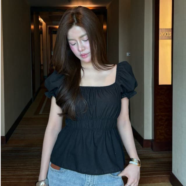 Bell top - เสื้อแขนตุ๊กตาคอเหลี่ยม ผ้าฝ้าย แขนตุ๊กตา คอเหลี่ยมกระชับใส่แล้วไม่โป๊ รูปที่ 2