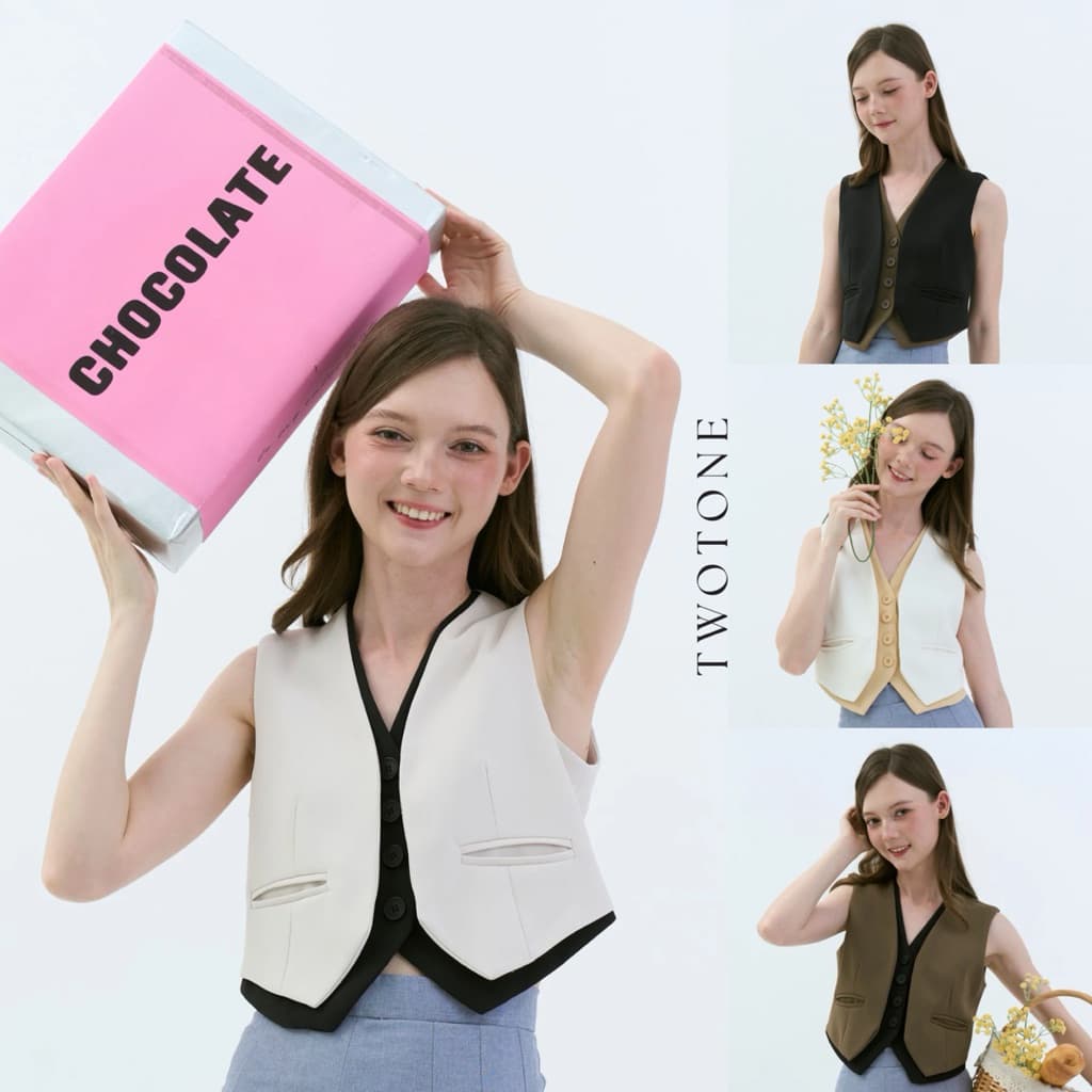 TWO-TONE CROP VEST (เฉพาะเสื้อ) เสื้อเวสต์แขนกุดดีไซน์เลเยอร์สองสี เหมือนใส่สองตัวในตัวเดียว