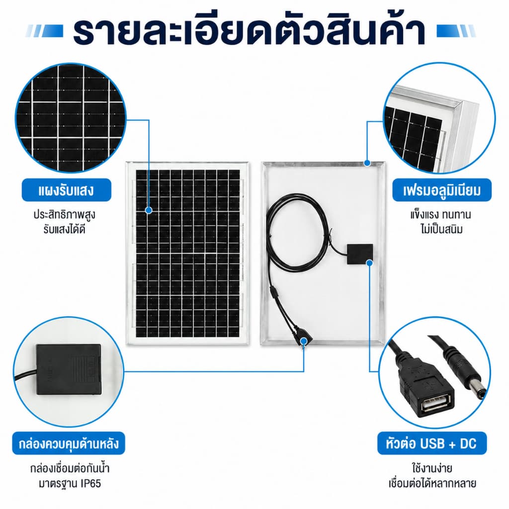 แผงโซล่าเซลล์ 30W 18V USB+DC สาย 2 เมตร ใช้งานกลางแจ้ง สำหรับไฟสนาม กล้องวงจรปิด พาวเวอร์แบงค์ รูปที่ 8