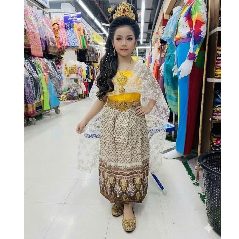 ชุดไทยนางยักษ์เด็ก ชุดนางผีเสื้อสมุทร ชุดวันภาษาไทย ชุดตัวละครในวรรณคดี(ได้ผ้าถุง+เสื้อเกาะอก+สใบ+เข็มขัด+เข็มกลัด) รูปที่ 5