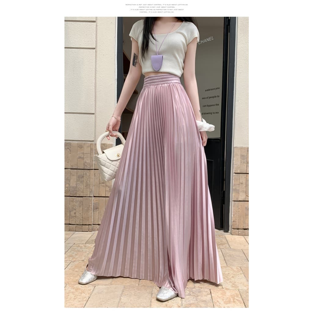 Zenmoya Satin Maxi Skirt กระโปรงยาวผ้าซาติน กระโปรงพลีทสีพื้นจีบทรงสวย เอวสูง ขอบเอวยางยืด รูปที่ 6