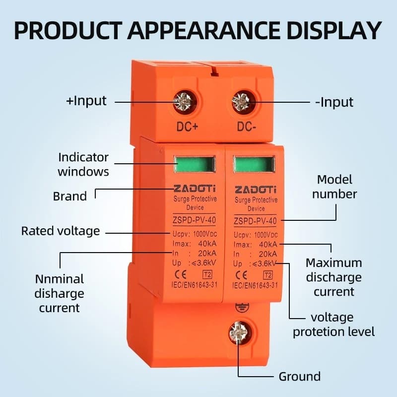ตัวกันฟ้าผ่าโซล่าเซลล์ DC SPD 2P 1500V/1000V 40KA อุปกรณ์ป้องกันไฟกระชากสำหรับระบบโซลาร์เซลล์ รูปที่ 6
