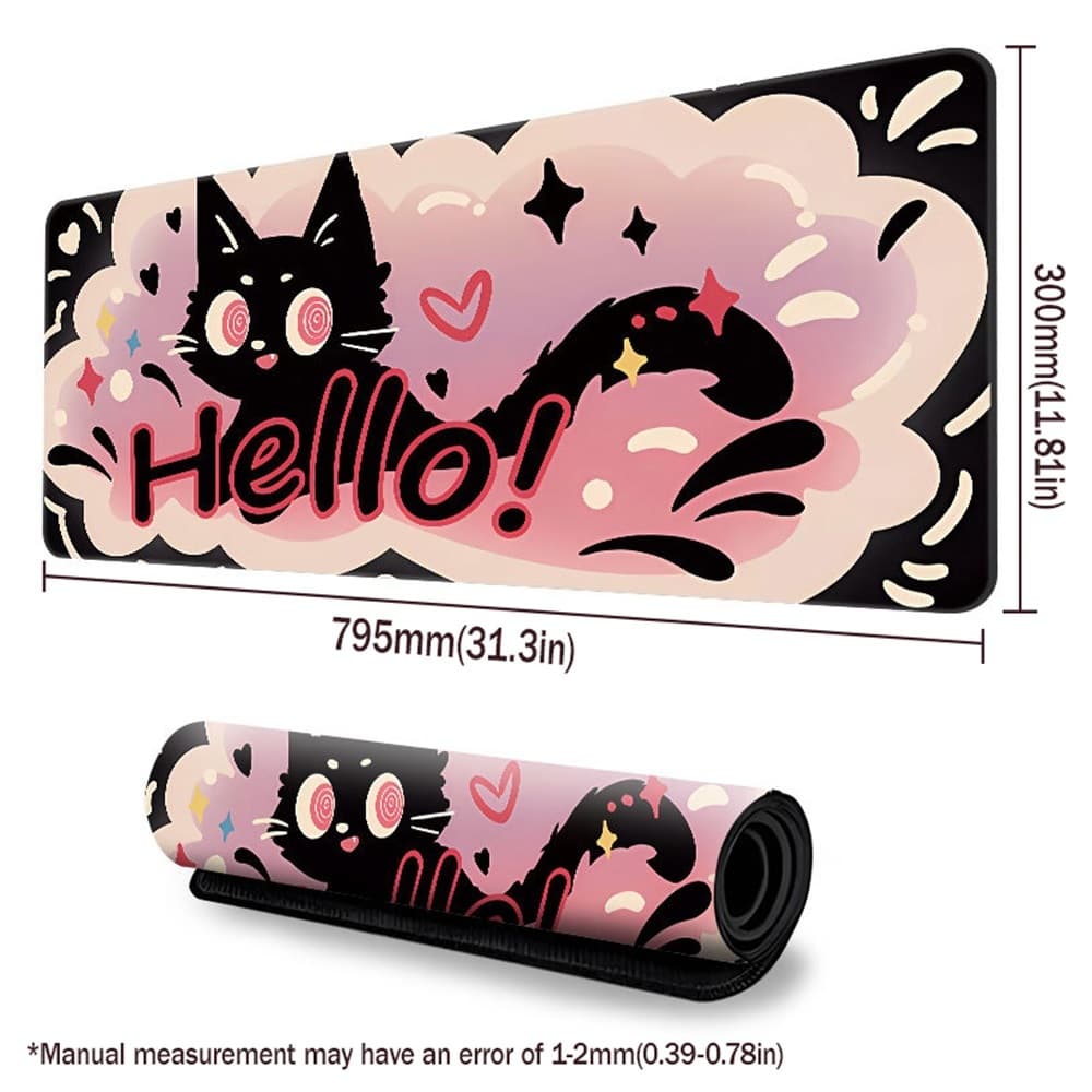 พรมเมาส์เกมมิ่งขนาดใหญ่ 80x30 ซม. ลายแมวดำสีชมพูน่ารัก พรมรองโต๊ะ ฐานยางกันลื่น พรมรองแป้นพิมพ์สำหรับออฟฟิศ กันน้ำ พื้น รูปที่ 4