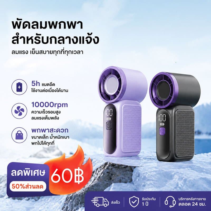 พัดลมพกพา 5hอายุการใช้งาน พัดลมแคมป์ปิ้ง พัดลมไอเย็นพกพา พัดลมพกพาชาร์จแบตได้ พัดลมเล็กสำหรับเด็ก พัดลมพกพาเด็ก 10000rpm รูปที่ 1