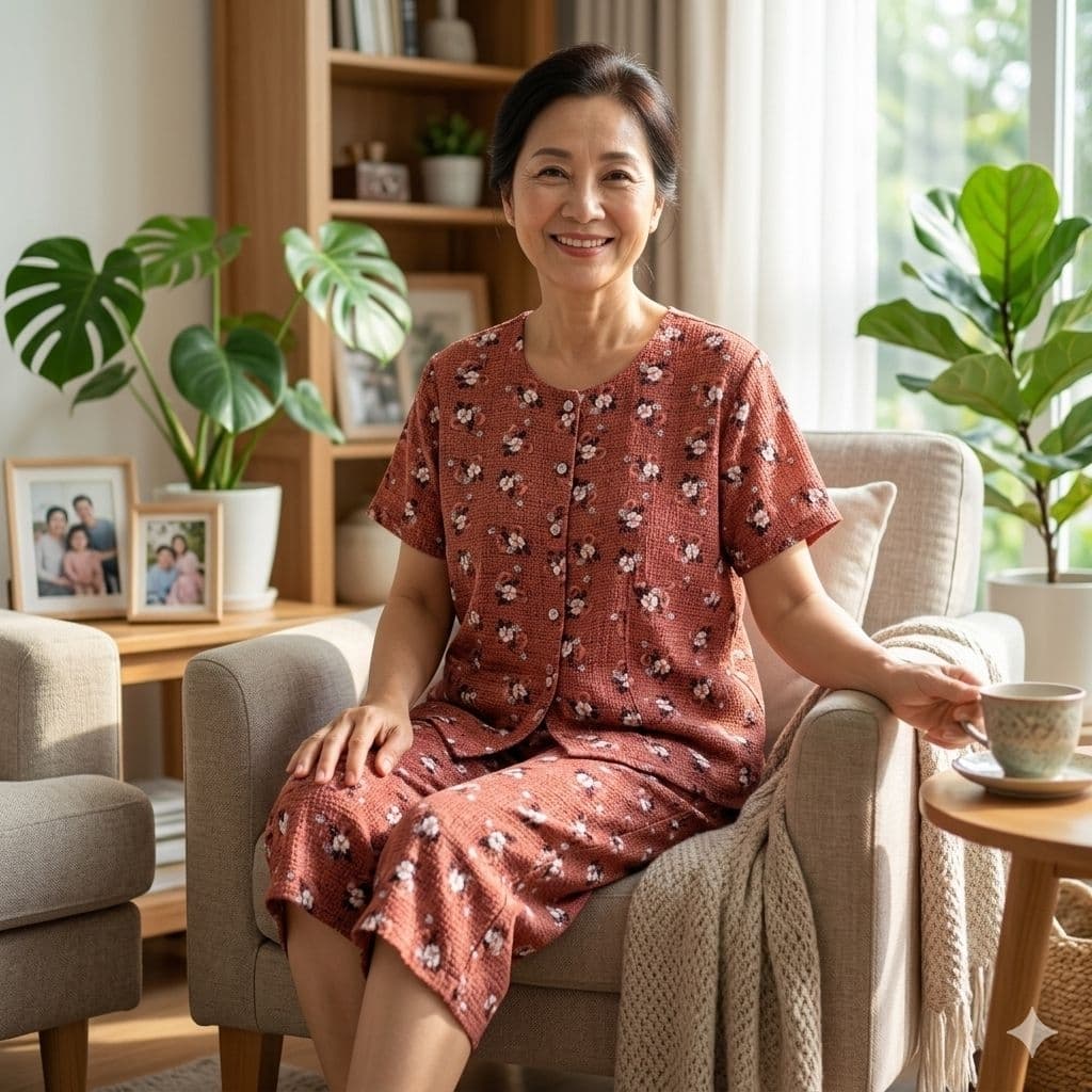 #09 ชุดคอกระเช้า มีแขน ผ่าหน้าลายดอก เสื้อคนแก่ ขนาด อก=44",ยาว=21"กางเกงขา7ส่วนเอว=24_36"ยาว=26" รูปที่ 6