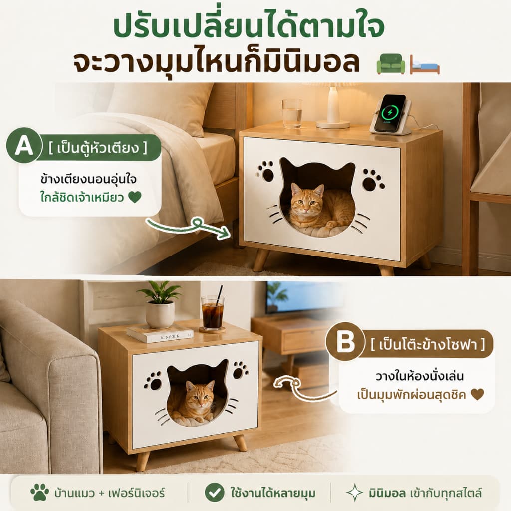 CC โต๊ะข้างเตียง บ้านแมว 2-in-1 | ตู้เก็บของ สำหรับน้องแมว ที่นอนแมว น่ารัก ใช้พื้นที่น้อย รูปที่ 4