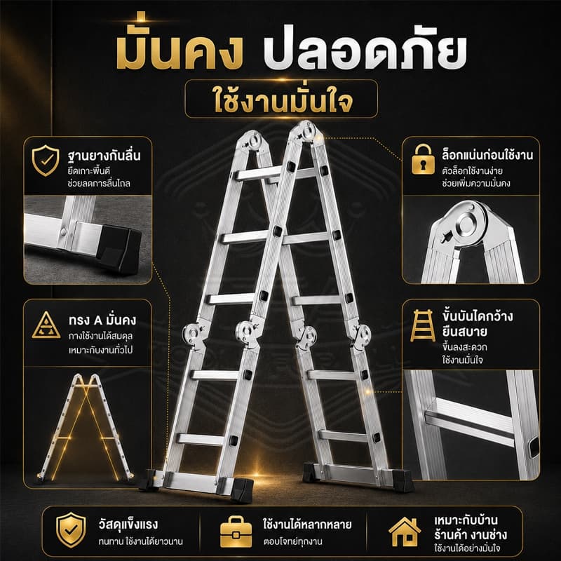 TFA บันไดพับได้ บันไดอลูมิเนียม บันได หนา 6.5 มม รับน้ำหนักได้ 30000KG ยาวทั้งหมด3.8m/4.8m/5.8m รูปที่ 7