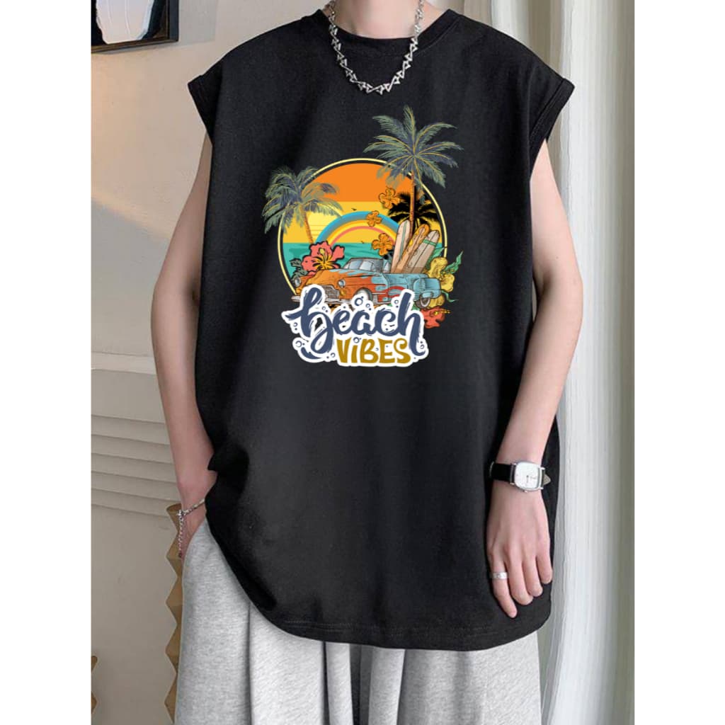เสื้อยืดแขนกุด ลายชายหาด ใส่ได้ทั้งชายหญิง OP-1178 รูปที่ 2