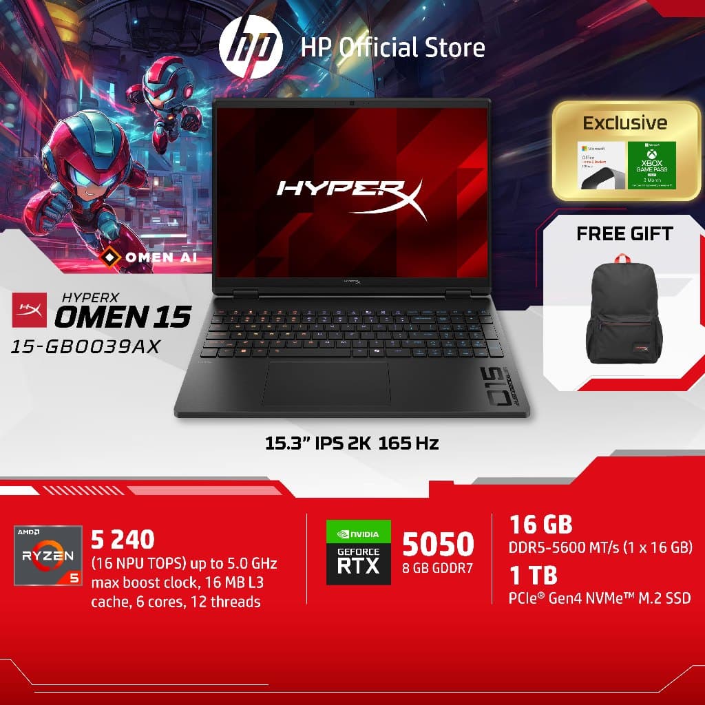 HyperX OMEN | AMD Ryzen 5 240 | RTX 5050 | 16GB/1TB | 15.3" 2K 165Hz | Win11+MS24 | 2Yrs |15-gb0039AX