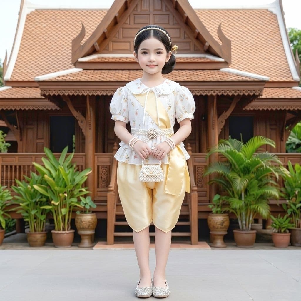 ชุดไทยเด็ก รุ่นโจงกระเบน+เสื้อแขนตุ๊กตาลายดอกไม้+สไบ รวม 3 ชิ้น ***ไม่รวมเครื่องประดับ*** รูปที่ 5