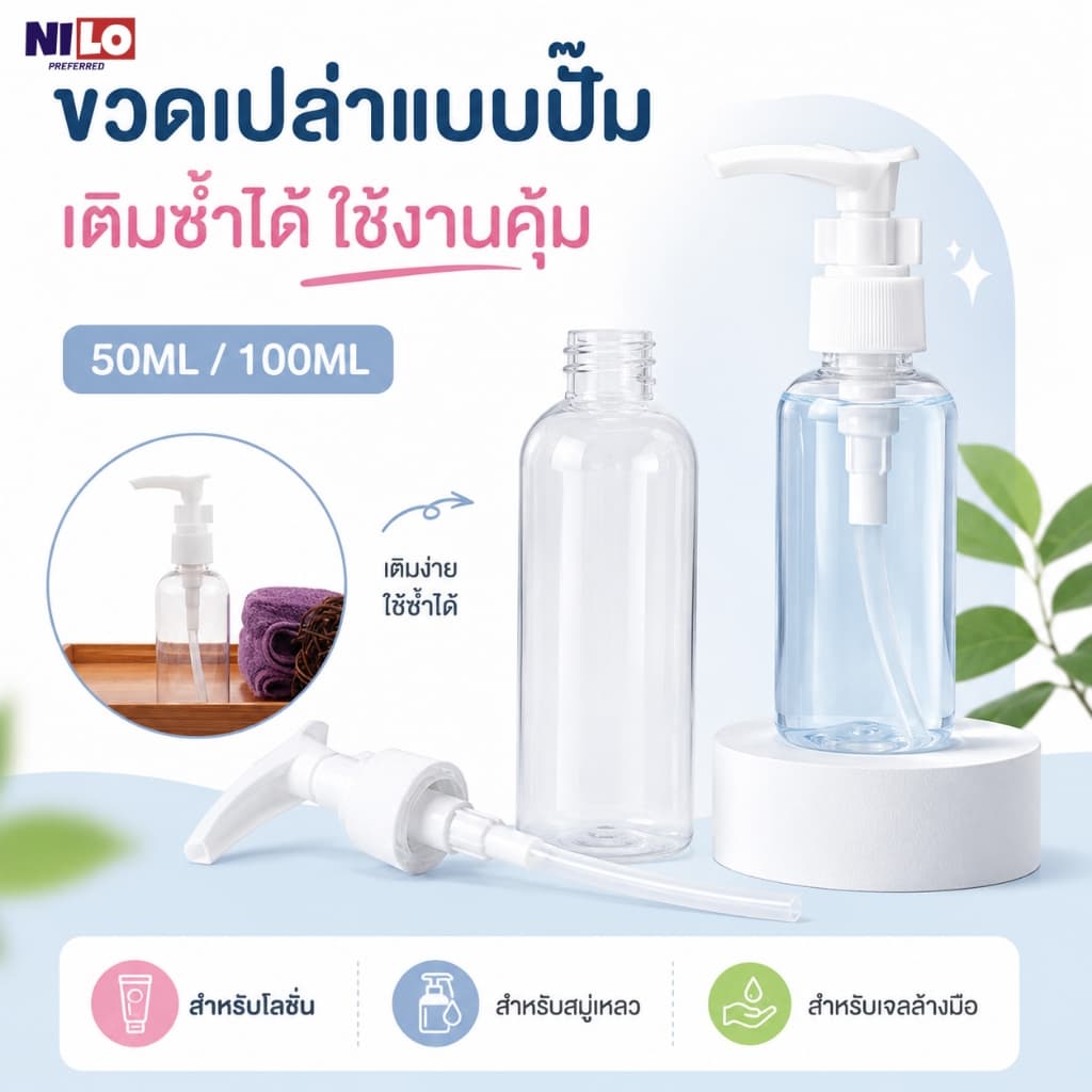 ขวดแบ่งเครื่องสำอางแบบปั๊ม ขวดใสใส่โลชั่น ครีม เจล แชมพู รีฟิลได้ 50ML/100ML รูปที่ 2