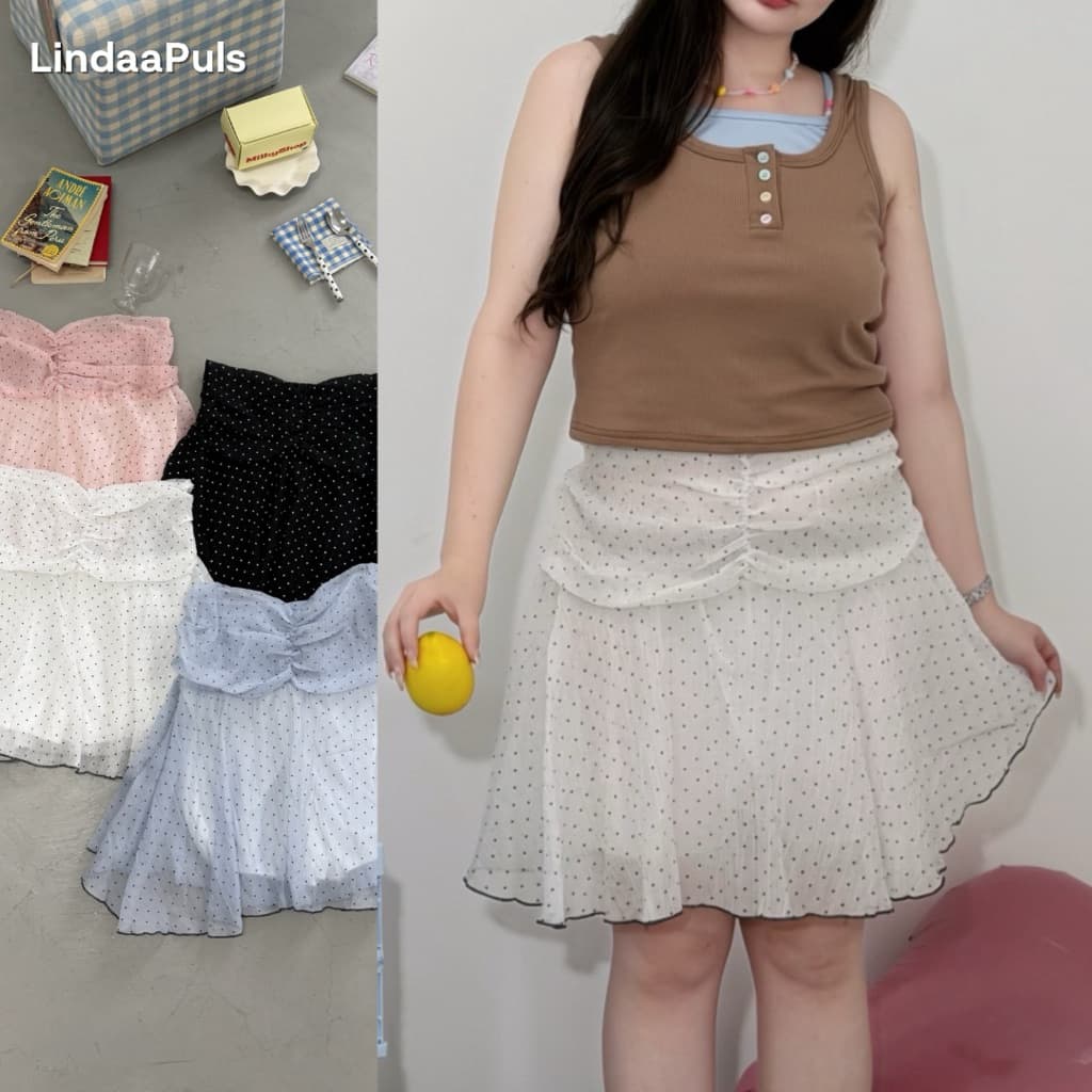 LindaaPlus-- กระโปรงลายจุดสาวอวบอ้วน Polka Dot Midi Skirt^ྀི⋆.˚ ดีเทลช่วงเอว จับจีบแต่งย่นๆ แต่งขอบตัดสีเพิ่มความน่ารัก รูปที่ 1
