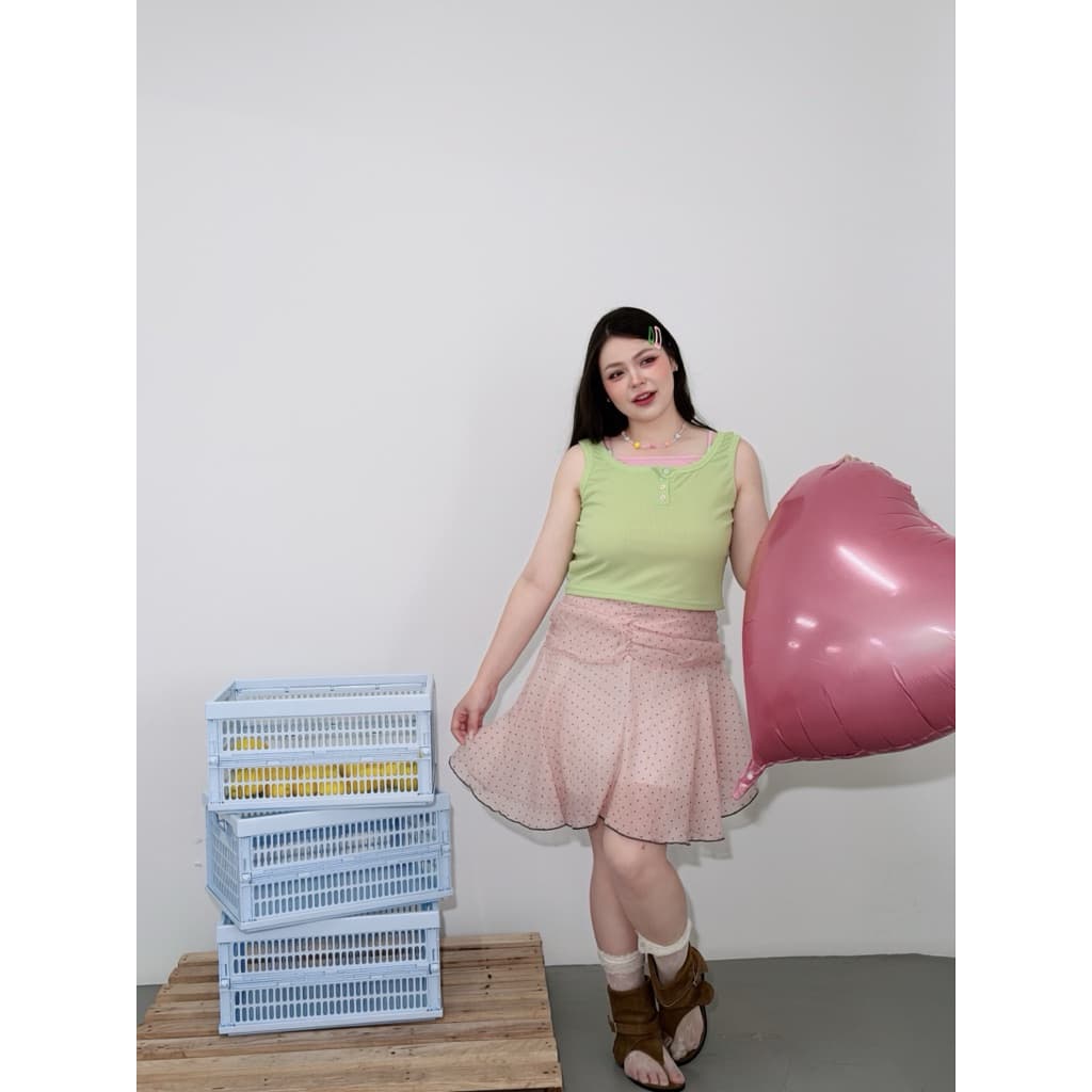 LindaaPlus-- กระโปรงลายจุดสาวอวบอ้วน Polka Dot Midi Skirt^ྀི⋆.˚ ดีเทลช่วงเอว จับจีบแต่งย่นๆ แต่งขอบตัดสีเพิ่มความน่ารัก รูปที่ 4