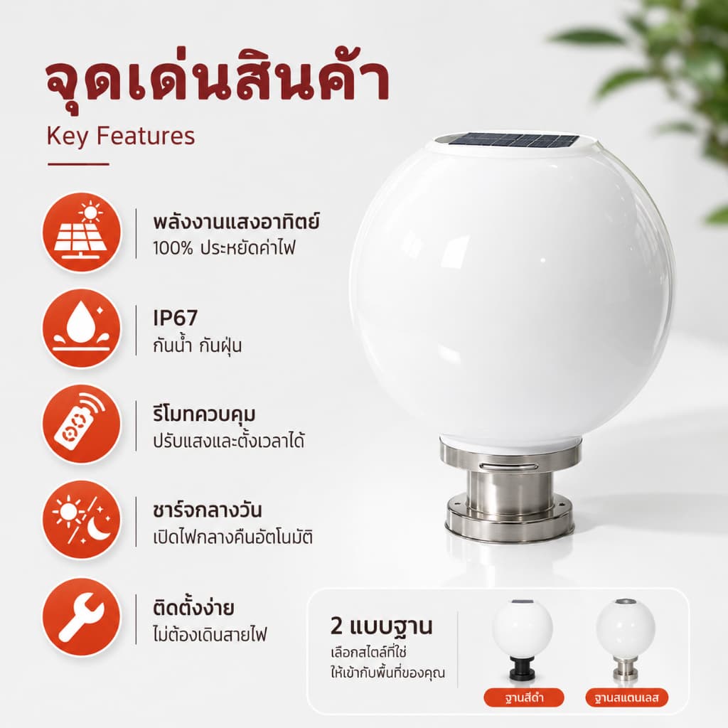 DIANG ซื้อ 1 แถม 1 โคมไฟหัวเสา โคมหัวเสาโซล่าเซลล์ ไฟสวนหลอด โซล่าเซลล์ โคมไฟทรงกลม กันน้ำ 4สี การควบคุมแสงอัจฉริยะ รูปที่ 4