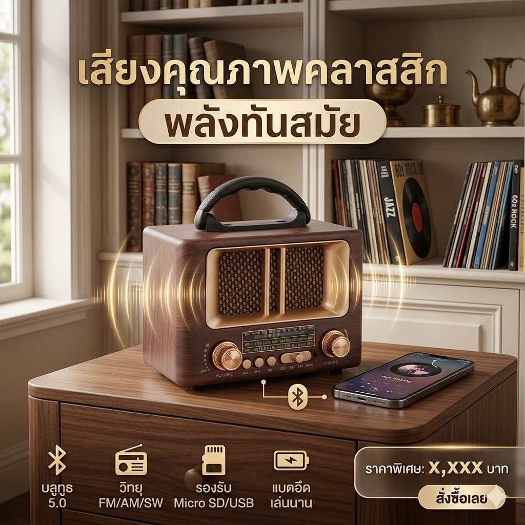 "สุดคุ้ม"วิทยุ-บลูธูท ทรงคราสสิก ฟังFm Am Sw เชื่อมต่อ Bluetooth Mp3 Tf card พร้อมสายชาจ รูปที่ 2