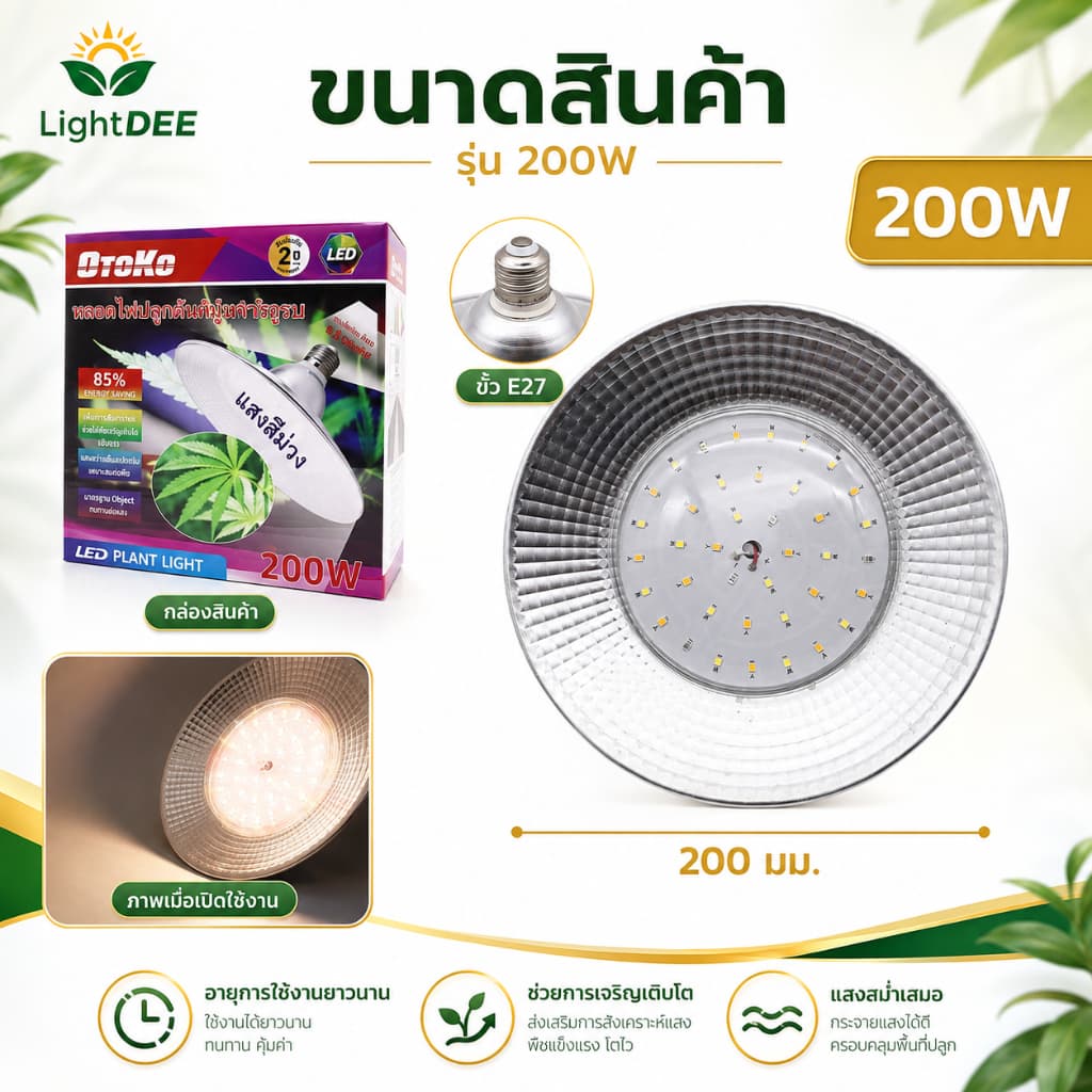 โคมไฟปลูกพืช 200Wโคมไฟไฟปลูกต้นไม้ ไฟปลูกพืช ไฟปลูกจานบิน ขั้วเกลียว E27 ไฟช่วยต้นไม้โตเร็ว แสงธรรมชาติ แสงขาว รูปที่ 9