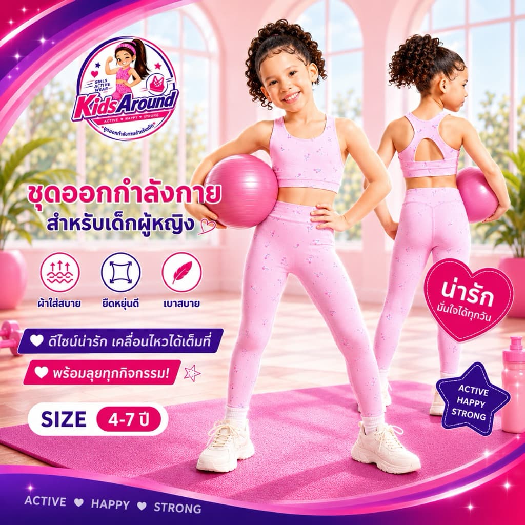 ชุดโยคะ ชุดกีฬา ชุดออกกำลังกาย ชุดกิจกรรม สำหรับเด็กเล็ก อายุ 4-7 ปี สีชมพูลายเชอรี่ เนื้อผ้าอย่างดี รูปที่ 1