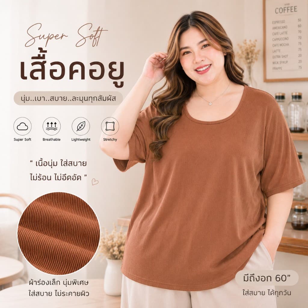 เสื้อคอยูผ้าร่องแขนสั้น เสื้อยืดไซส์ใหญ่ สาวอวบ เนื้อนุ่ม ใส่สบาย มี 3 ไซส์ ทั้งอวบเล็ก อวบใหญ่ A034/A035 รูปที่ 7