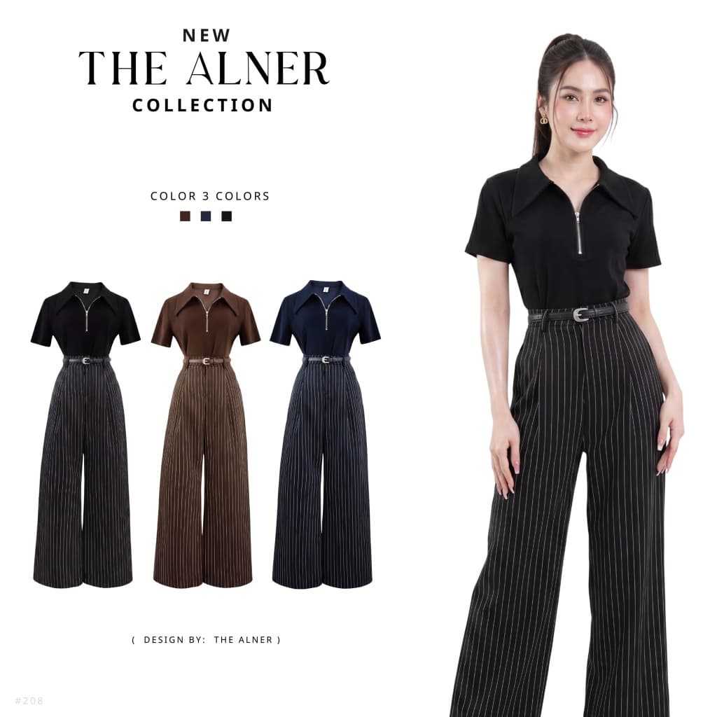 Thealner-AN208 (เซตเสื้อคอปกแขนสั้นกางเกงขายาวลายริ้ว+เข็มขัด)