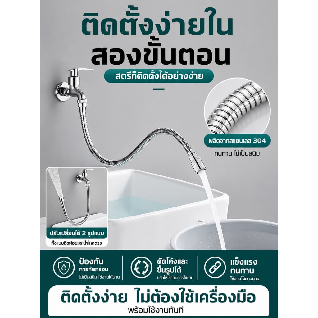 ส่งตรงจากกรุงเทพฯ Hardware Tools MALL ท่อต่อก๊อกน้ำยืดหยุ่น 30-50ซม. หมุนได้ 360° สแตนเลส304 ก๊อกครัว ห้องน้ำ กันกระเซ็น รูปที่ 3