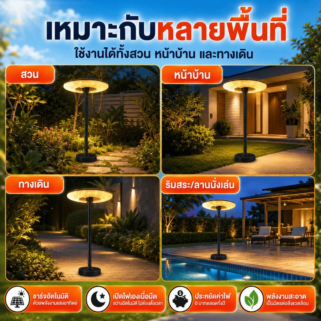 แสงอบอุ่นซื้อ 1 แถม 5ไฟโซล่าเซลล์ UFO Solar Light ทรงกลม 8500000W LED พลังงานแสงอาทิตย์ สปอร์ตไลท์ IP69 กันน้ำ ป้องกัน รูปที่ 8