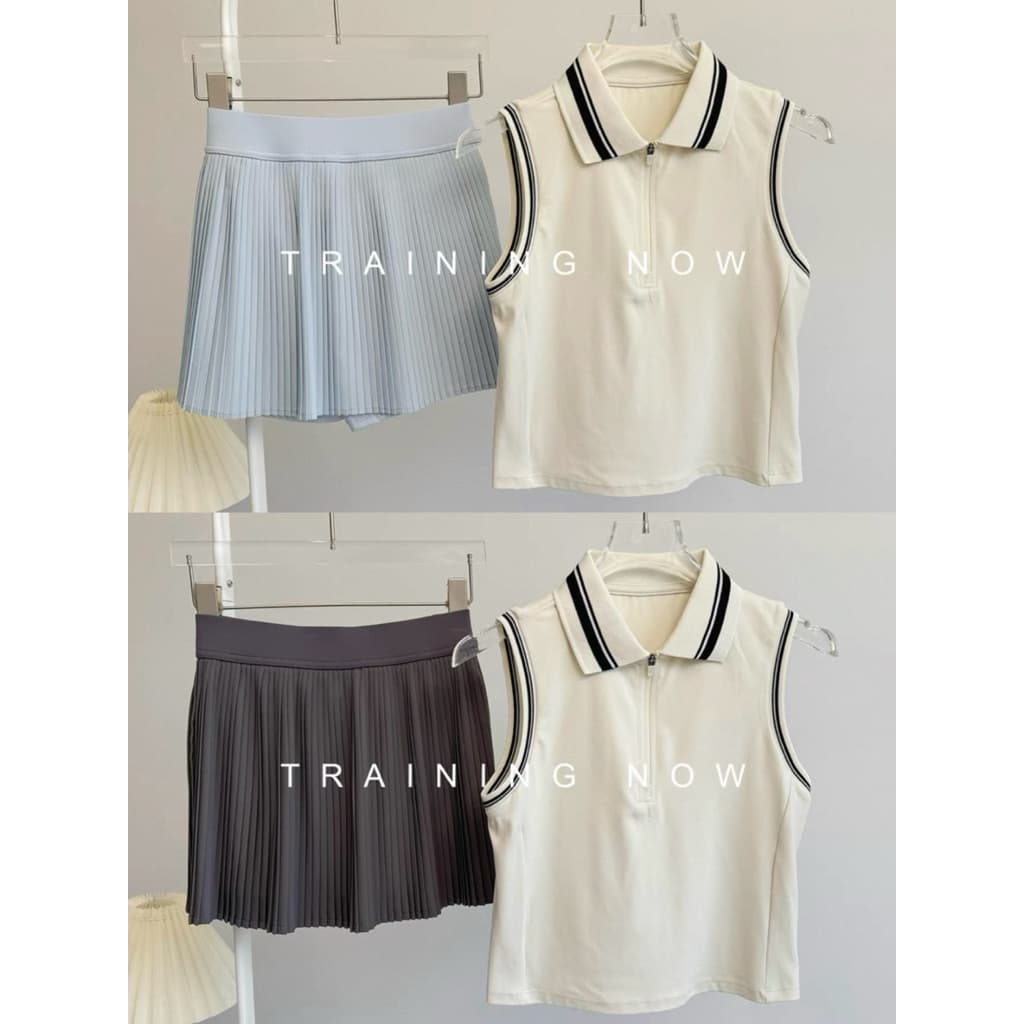 ชุดเทนนิสผู้หญิง 2 ชิ้น เสื้อแขนกุดคอปก + กระโปรงพลีท กางเกงซับใน ชุดกอล์ฟ ชุดแบดมินตัน สปอร์ตแฟชั่น รูปที่ 9