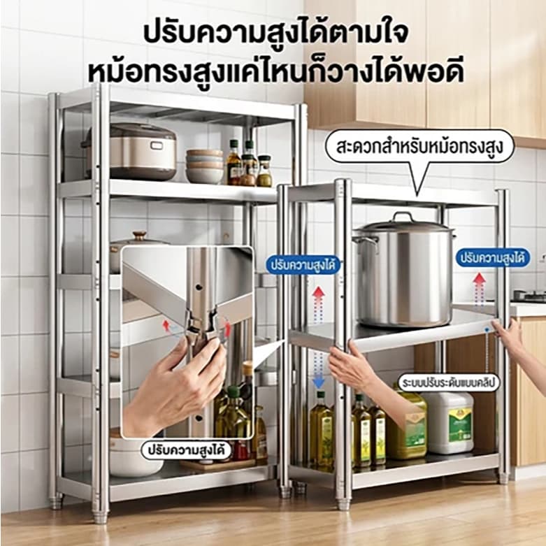 ชั้นวางของสแตนเลส ตู้เก็บของอเนกประสงค์ วัสดุสแตนเลสทนต่อการกัดกร่อนและทนทาน รับน้ำหนัก 200 กิโลกรัมต่อชั้น รูปที่ 2