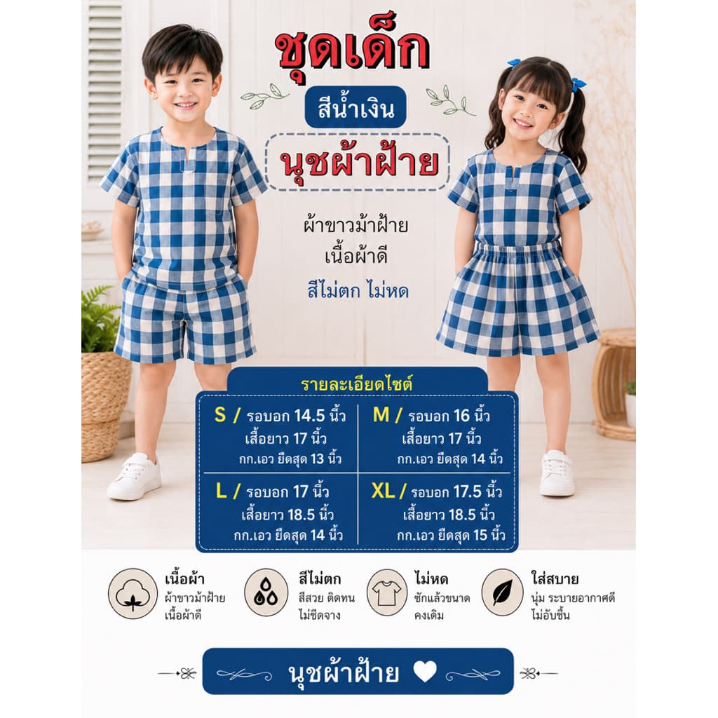 ชุดผ้าขาวม้าเด็ก 3-5 ขวบสีสันสดใสสวยงามเสื้อ S รอบอก 14.5" / เสื้อยาว17" เกง เอวยืดสุด 13" /สะโพก 15" / ยาว13" รูปที่ 3