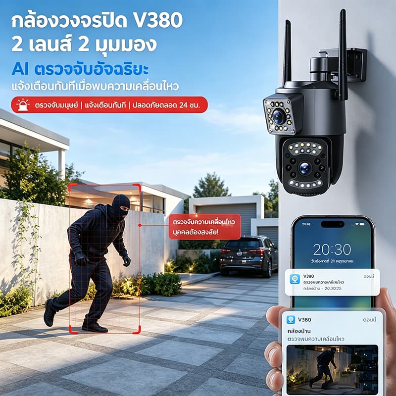 V380 PRO 10MP กล้องวงจรปิด ภายนอก 2 เลนส์ รุ่น 4G หรือ WIFI กันน้ำIP66 เสียง 2 ทาง ภายนอก บ้าน/ร้านค้า/โกดัง/สำนักงาน รูปที่ 2