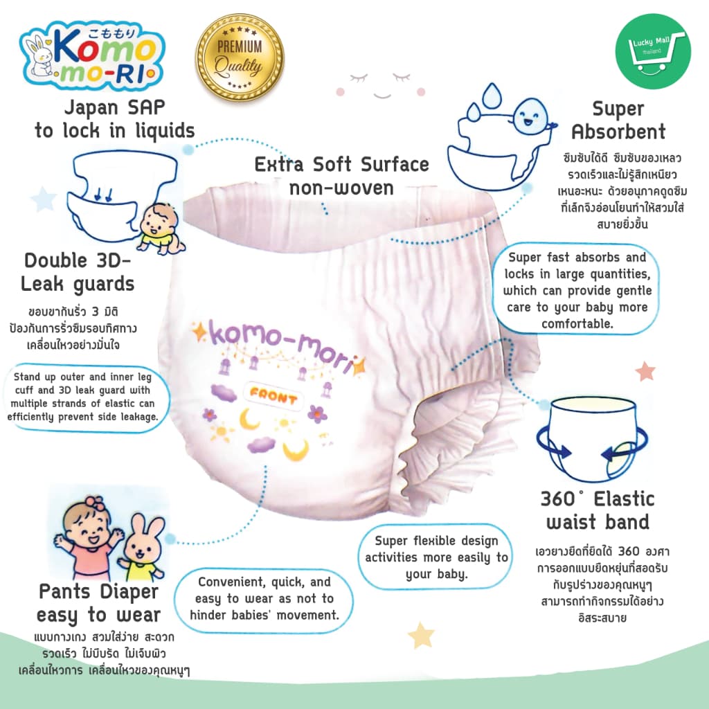 Komo-mori Premium กางเกงผ้าอ้อมเด็ก แพมเพิสเด็ก Day&Night Pants มีไซส์ S-3XL รูปที่ 6