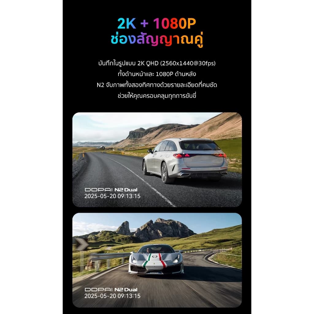 DDPAI N2 Dual กล้องติดรถยนต์คมชัด1296P HD 2K+1080P NighVis 2.0 มาพร้อมจอแสดงผล IPS ขนาด 1.9นิ้ว รูปที่ 5