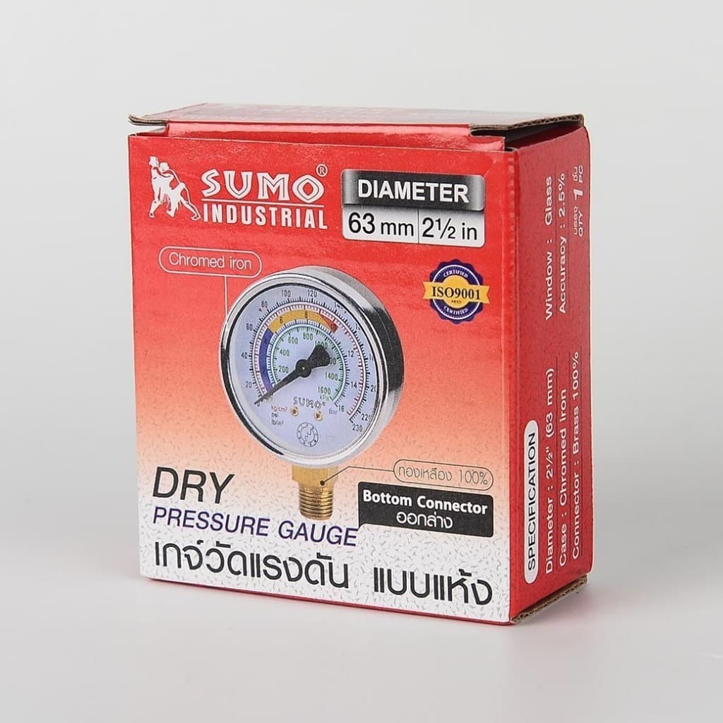 SUMO เกจวัดแรงดันแบบแห้ง หน้าปัดขนาด 63 มม. ออกล่าง ใช้งานได้ทั้งลมและน้ำ ทองเหลืองแท้ 100% รูปที่ 5