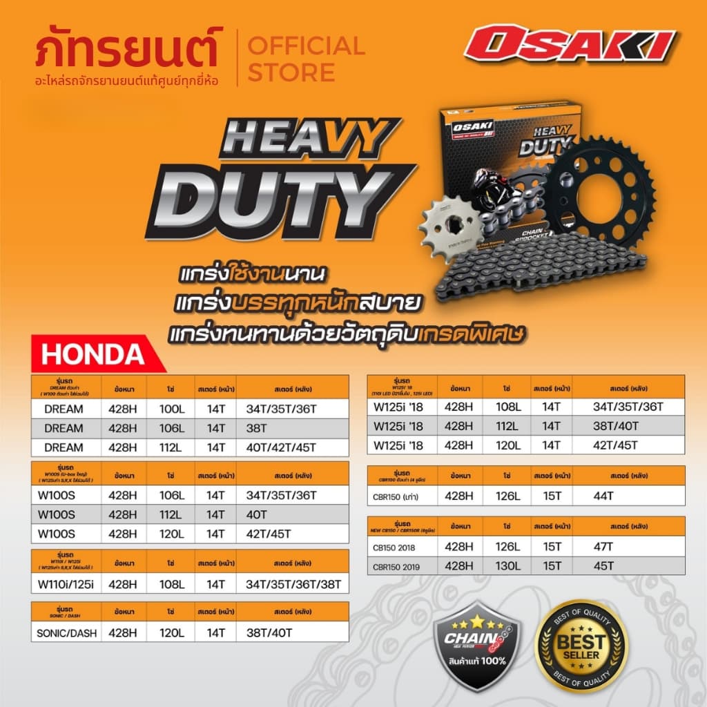 ชุดโซ่สเตอร์ OSAKI 428 Heavy Duty Wave100S U-BOX Wave125R/S/X เวฟ100s เวฟ125r/s/x โอซากิ รูปที่ 4
