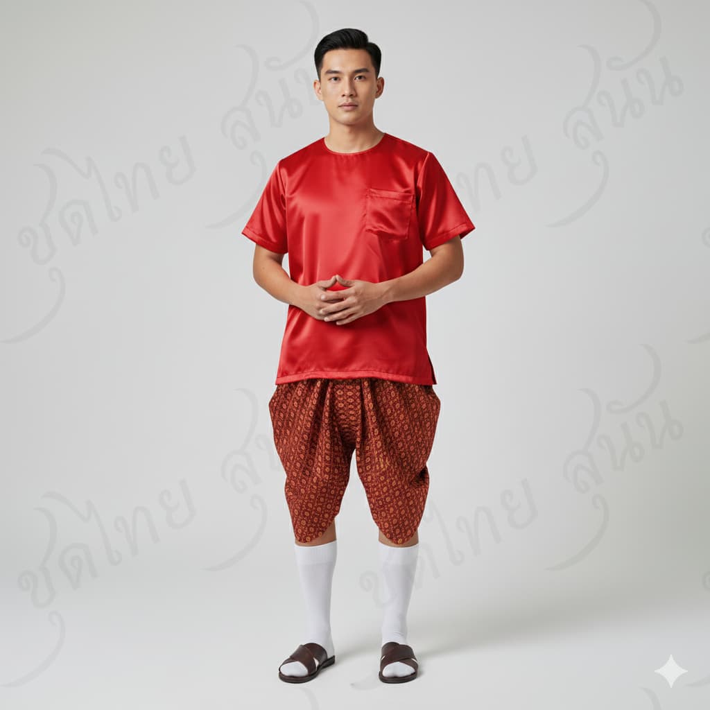 ชุดไทย ชุดไทยลำลอง ชุดพื้นเมืองชาย โจงกระเบนผ้าลายไทย+เสื้อคอกลม รูปที่ 4