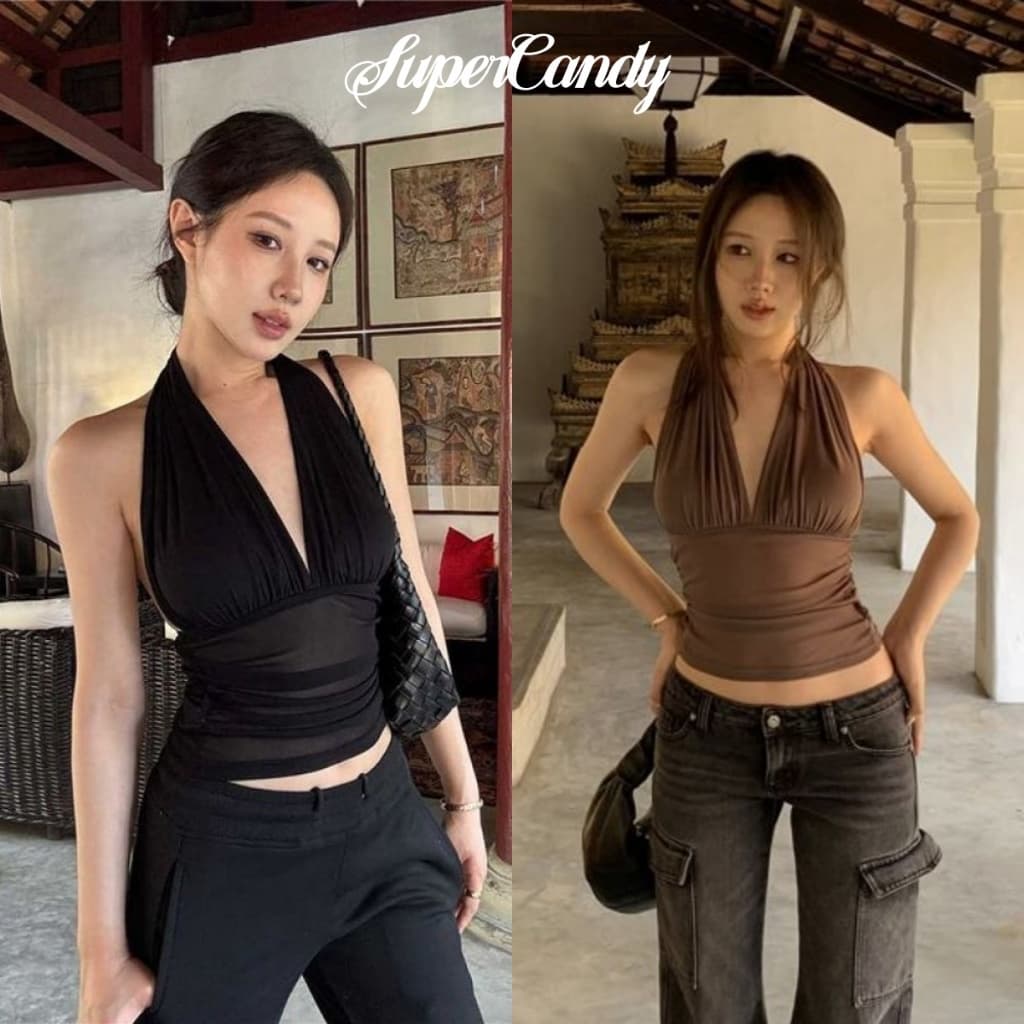 SuperCandyเสื้อครอป คล้องคอ โชว์หลัง สีพื้น ผู้หญิง ปาดไหล่ข้างหนึ่ง เซ็กซี่ สีพื้น รูปที่ 1
