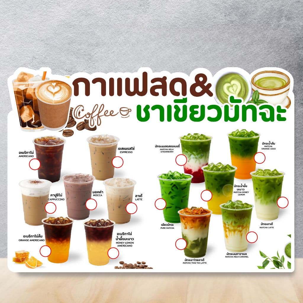 ป้ายเมนูน้ำ / ป้ายเมนูเครื่องดื่ม ป้ายฟิวเจอร์บอร์ด / เคลือบแข็ง ตัดตามรูป ขนาด A4 / A3 รูปที่ 4