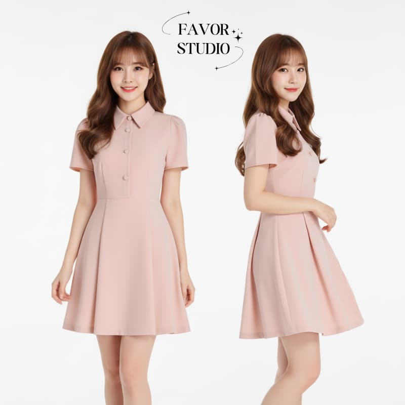 มินิเดรส คอปกเชิ้ต โปโล แขนสั้นพัฟ กระดุมหน้า กระโปรงทรงเอ สไตล์หวานสุภาพ ลุคนักเรียนเกาหลี รูปที่ 2