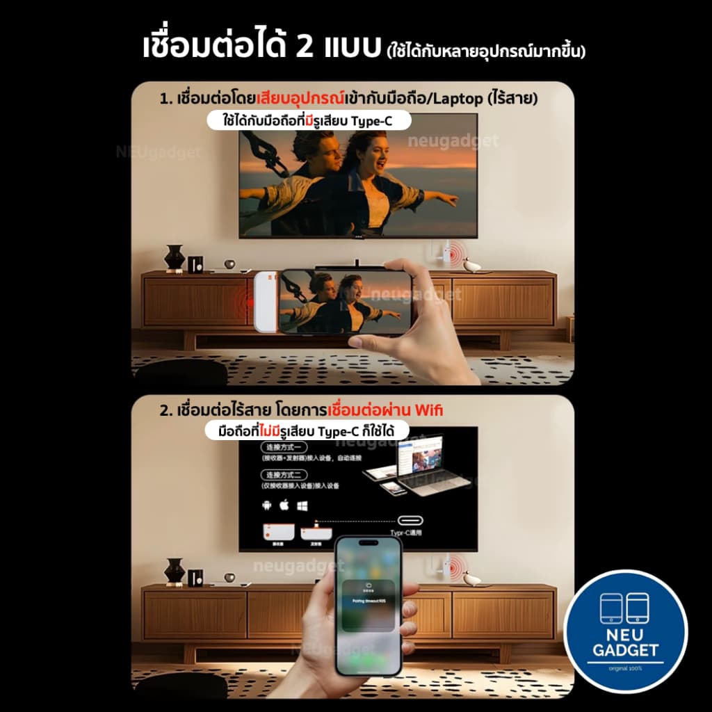 อุปกรณ์แชร์หน้าจอไร้สาย 1080P HDTV to Type-C HDMI Wireless Transmitter Receiver รับสัญญาณถึง 50เมตร รูปที่ 4