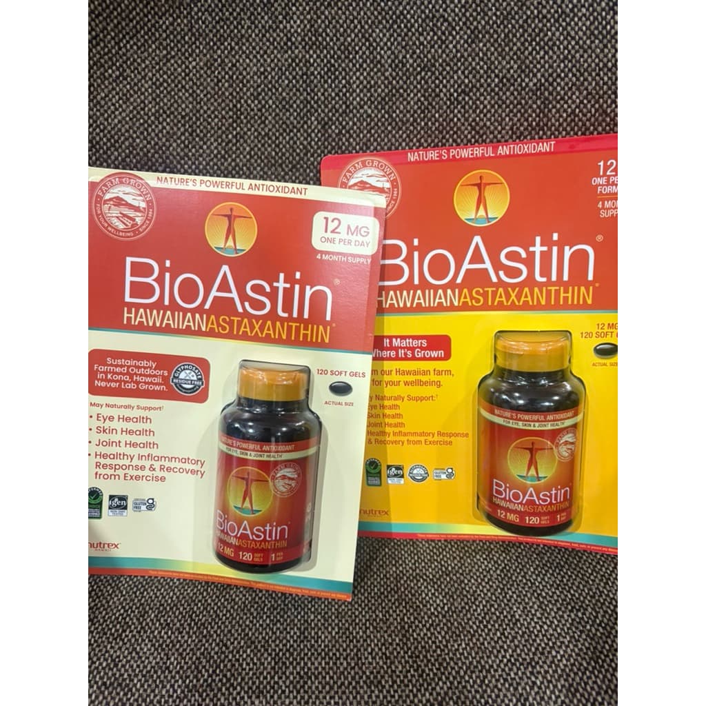 ฉลากใหม่ซ้าย[คุ้มขวดใหญ่ 120เม็ด แท้% BioAstin Hawaiian Astaxanthin สาหร่ายแดง 12mg 120เม็ด ข้อต่อ ผิวและตา รูปที่ 1