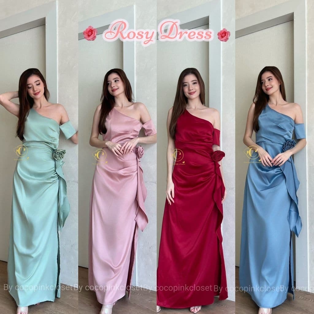 C;5063:ชุดราตรีเดรสยาวใส่ออกงาน ทรงปาดไหล่ข้าง แขนไหล่ปิดพรางต้นแขน แต่งระบายงานผ้าเงาซาร่า รูปที่ 1
