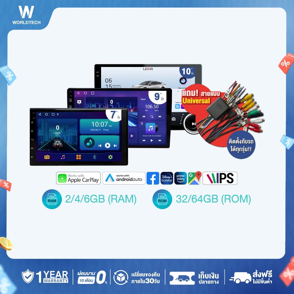 Worldtech จอแอนดรอยด์ Lexia ติดรถยนต์ 7 9 10 นิ้ว RAM 2/4/6 GB ROM 32/64GB เครื่องเสียงติดรถยนต์ รูปที่ 1
